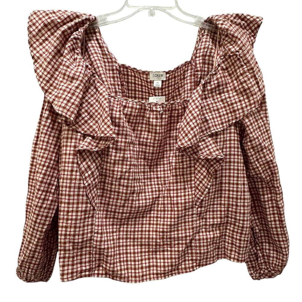 J Crew Reimagined Gingham Ruffle Square Neck LS Blouse XL Brown Red NWT Prairie